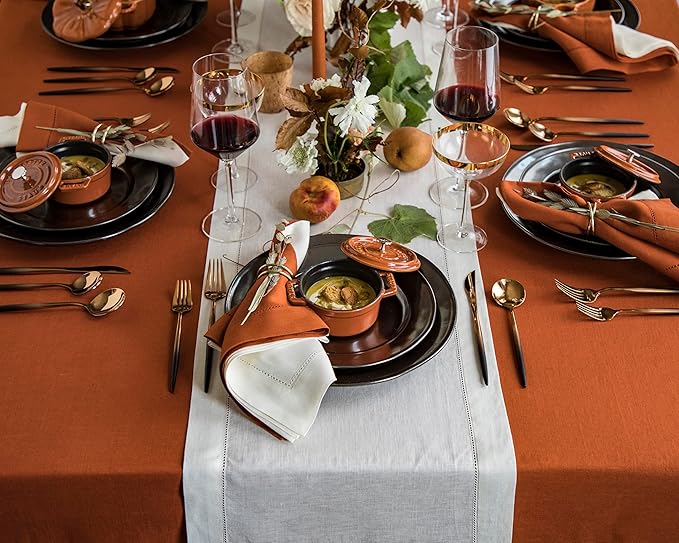Solino Home Linen Cinnamon Tablecloth 60 x 120 Inch - Classic Hemstitch, 100% Pure Linen Rectangular Tablecloth - Machine Washable Table Cloth for Fall, Autumn, Halloween, Thanksgiving