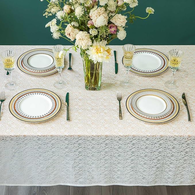 Lace Tablecloth Leaf Pattern Warp Knitting Fabric Solid White Rectangle/Oblong Table Cover for Kitchen Dining Farmhouse Wedding Party Decor Ivory, 55x120 Inch