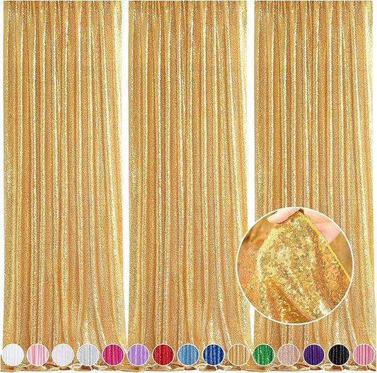 Gold Backdrop Curtain for Parties - 3 Pieces Glitter Sequin Background Backdrops 2x8ft Birthday Baby Shower Decorations