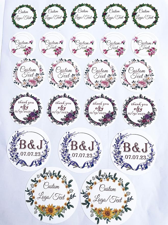 Custom Stickers for Weddings, Birthdays & Businesses - Personalized Labels with Your Logo - Waterproof, Fade and Heat Resistant - Pack of 100-1000 (Wreath V, 2 Inch)