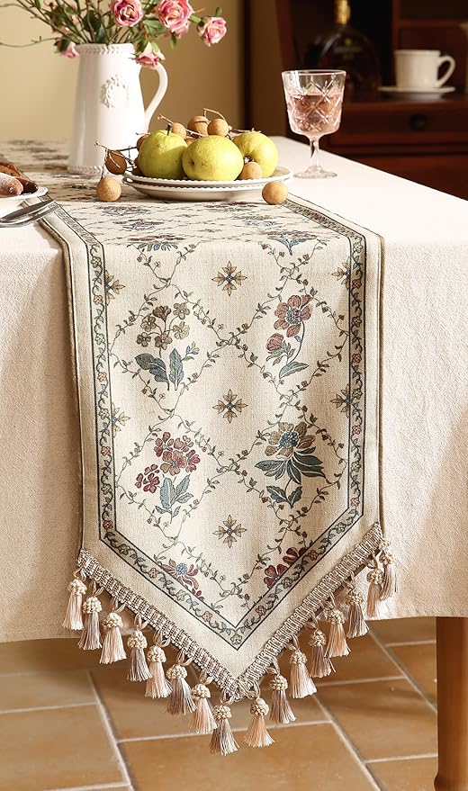 patdrea Designer Vintage Floral Linen Table Runner 102 Inch Long,Beige Cottage Rustic Bouquets Pattern Table Mat,Decor for Kitchen Dining Table Coffee Table Cabinet Banquet Christmas ,12"*102"
