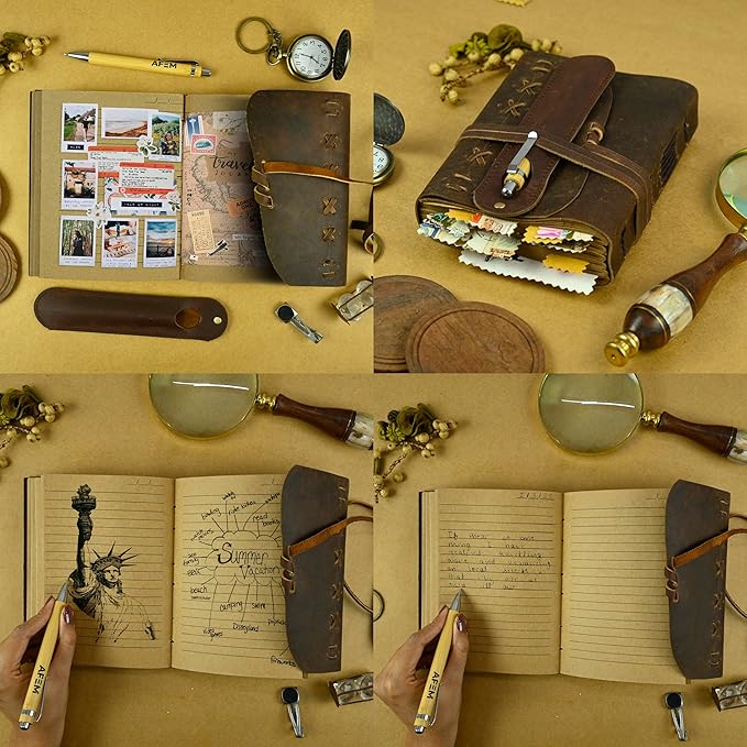 Leather Journal Notebook for Men & Women Daily Vintage Leather Bound Journal Travel Notebook 290 Lined Paper Diary Writing Journal Travelers Scrapbook Poetry Sketchbook Leather Gifts with Pen Holder