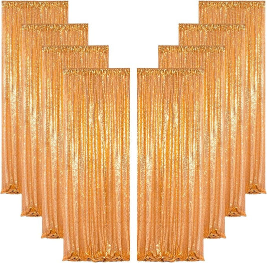 ShinyBeauty Gold Sequin Backdrop 2FTx8FT 8 Pieces Photography Backdrops Baby Shower Backgrounds Sequins Fabric Golden Shimmer Curtains for Party,Outdoor,Wedding Decor Sparkle Curtain Panels