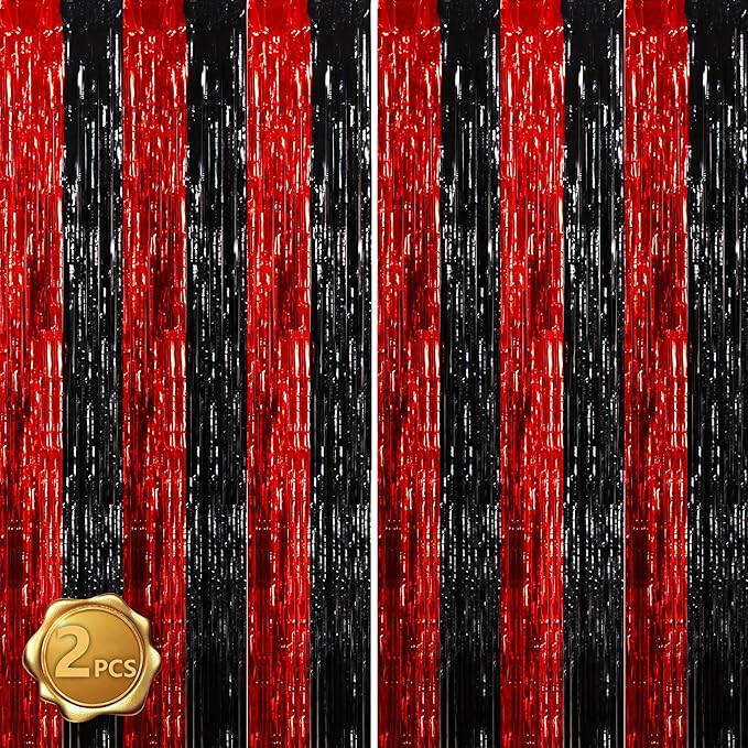 BEISHIDA Red Black Door Streamers Backdrop Foil Fringe Tinsel Party Streamers Curtains Photo Backdrop - 2Pcs for Birthday Graduation Bachelorette Halloween New Year Party Decoations