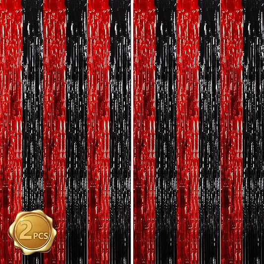 BEISHIDA Red Black Door Streamers Backdrop Foil Fringe Tinsel Party Streamers Curtains Photo Backdrop - 2Pcs for Birthday Graduation Bachelorette Halloween New Year Party Decoations