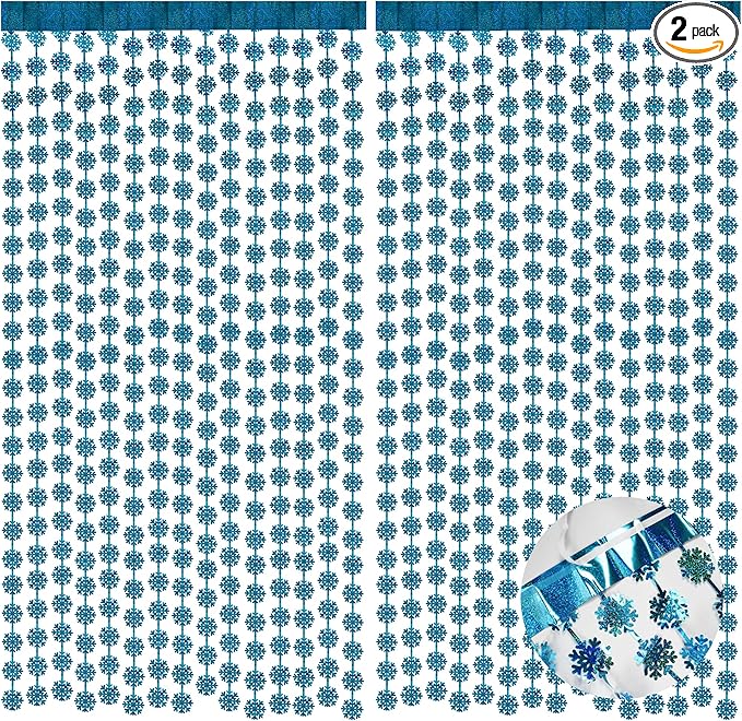 BRAVESHINE Blue Party Snowflake Backdrop - 2 Pack Hanging Foil Fringe Snow Flakes Party Streamers Curtain for Christmas Winter-Themed Frozen Birthday Baby Shower Holiday New Year Party Decorations