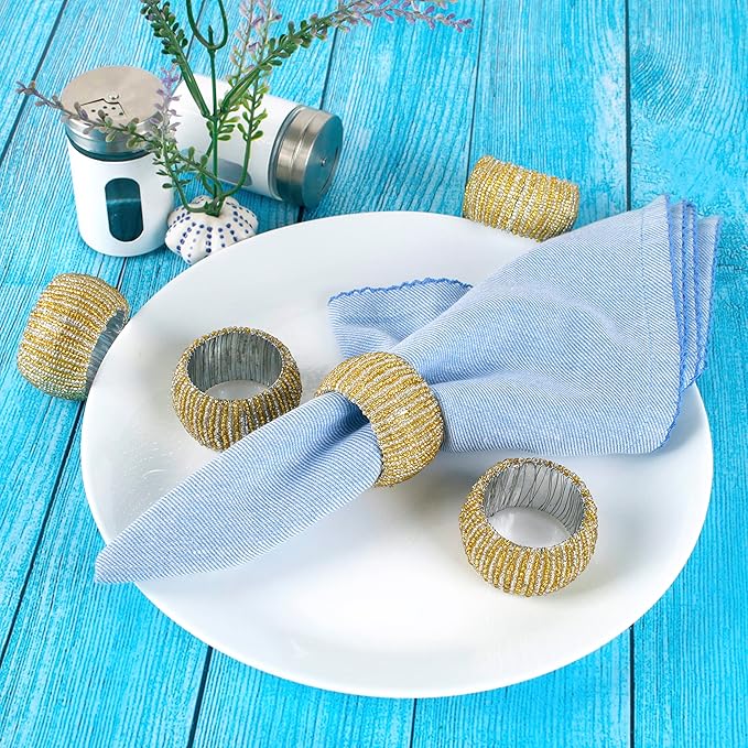 Decorative Beaded Napkin Rings Set of 12 - Rhinestone Serviette Holder for Table Décor, Christmas, Thanksgiving, Weddings, Parties, Artisan Festive Luxury Dining Napkin Holders (Yellow) - CLEENTABLE