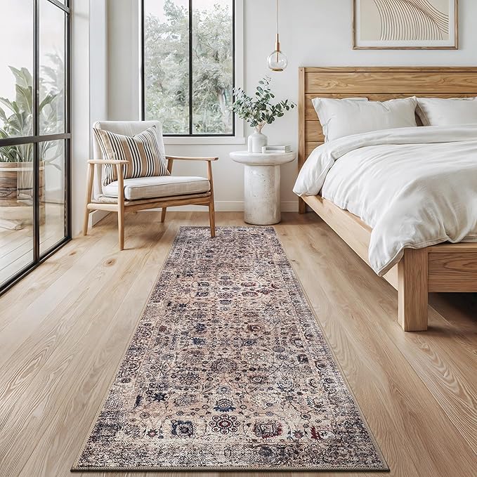 Bloom Rugs Washable Non-Slip 10 ft Runner - Light Tan/Blue Traditional Oriental Runner for Entryway, Hallway, Bathroom, and Kitchen - Exact Size: 2.5' x 10'