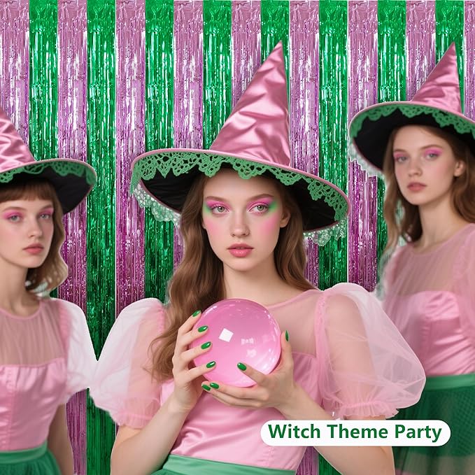 BEISHIDA Pink Green Door Streamers Backdrop Foil Fringe Tinsel Party Streamers Curtains Photo Backdrop for Birthday Graduation Wicked Party Decoations