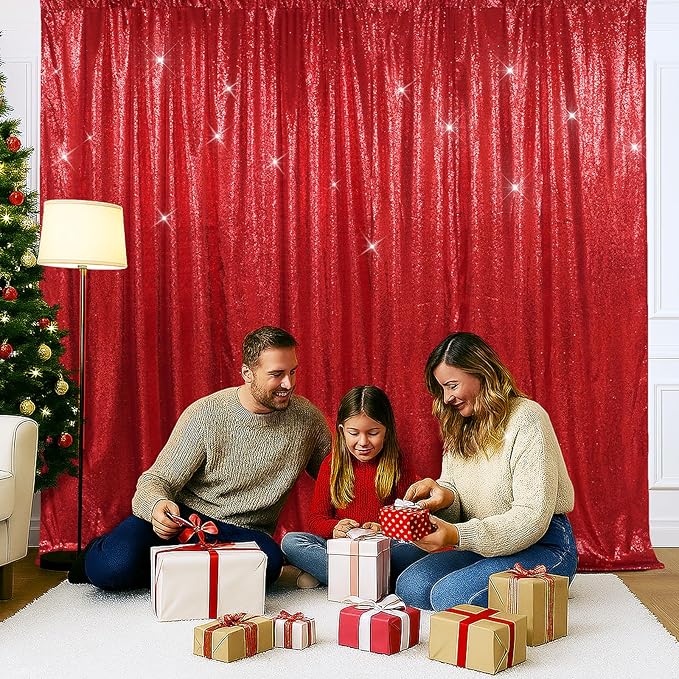 SquarePie Sequin Backdrop Less Transparent Background Sparkly Curtain for Wedding Party 4FT x 7FT Red