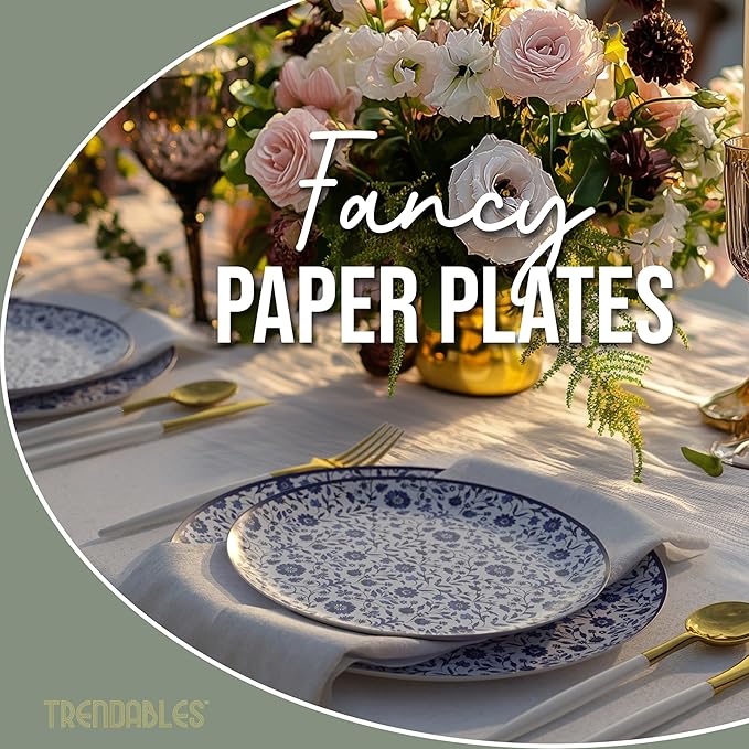 Trendables Heavy Duty Paper Plates Set For 32 Guests - 32 Each Of 8-inch And 10-inch Disposable Plates For Party - Fancy 64 Piece Dinnerware Set For All Occasions | Floral Design, Florentine