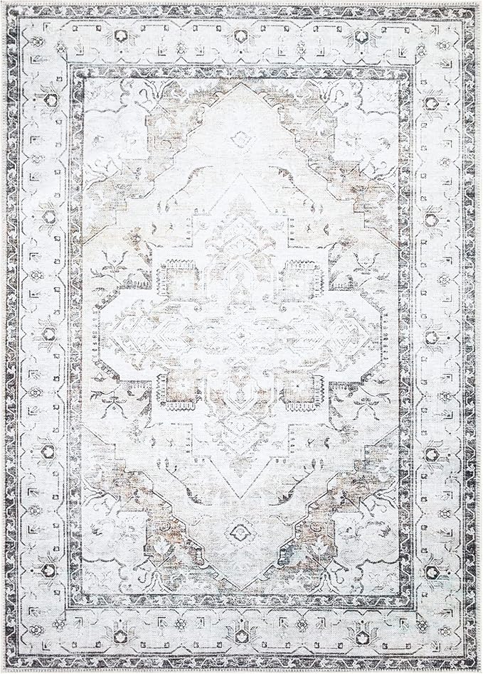 Bloom Rugs Washable Non-Slip 8' x 10' Rug - Brown/Beige/Charcoal Traditional Area Rug for Living Room, Bedroom, Dining Room, and Kitchen - Exact Size: 8' x 10'