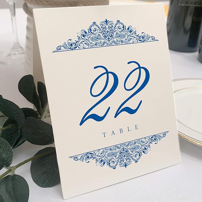 Paisley Wedding Table Numbers (Select Color/Quantity), Champagne, Royal Blue, 1-90, Double Sided, Tent or Use in a Stand, Great for Parties & Restaurants - Made in the USA