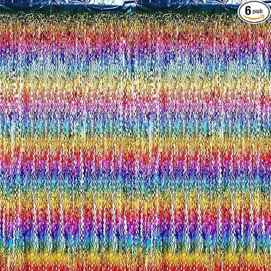 Jutom 6 Pieces 3.3 x 6.6 ft Wavy Tinsel Foil Fringe Curtains Foil Fringe Streamer Backdrop Party Curtain for Sea Mermaid Baby Shower Birthday Party Decoration (Rainbow)