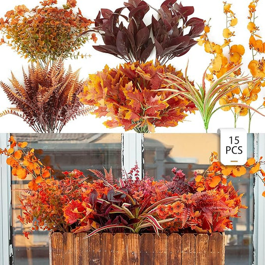 PARTY JOY 15 Bunches Artificial Fall Flowers Faux Fake Orchid Autumn Plants Flowers for Outdoors Thanksgiving Autumn Decor Decorations for Home