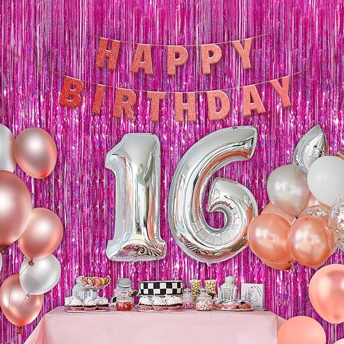Hot Pink Metallic Tinsel Foil Fringe Curtains, 2 Pack 3.3x8.3 Feet Party Streamer for Birthday Party Decorations, Halloween Decor, Foil Curtain Backdrop for Bachelorette Party
