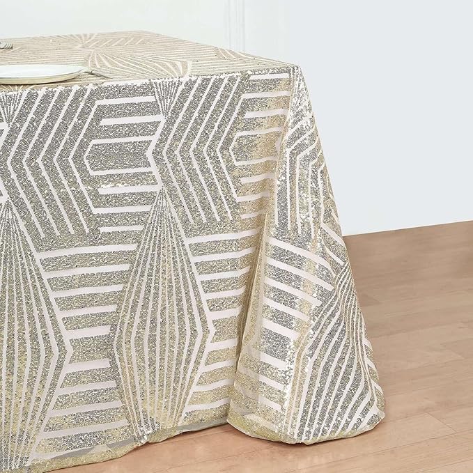 Efavormart 90"X132" Champagne Sparkly Sequin Geometric Tulle Rectangular Tablecloth