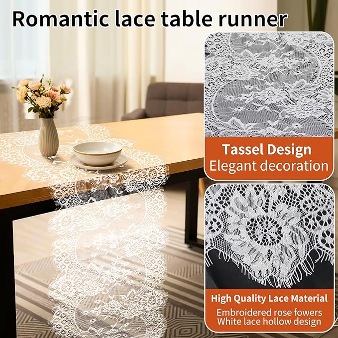 HAIBAS 12 Pcs White Lace Table Runners 14 x 120 Inch Boho Rose Embroidered Floral Vintage Rustic Table Decoration for Wedding Party Bridal Shower Decorations