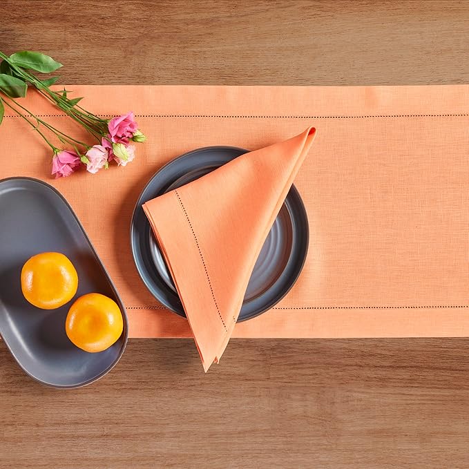 Solino Home Linen Coral Table Runner 120 Inches Long - 100% Pure Linen Hemstitch 14 x 120 Inch Table Runner for Dining - Classic Hemstitch