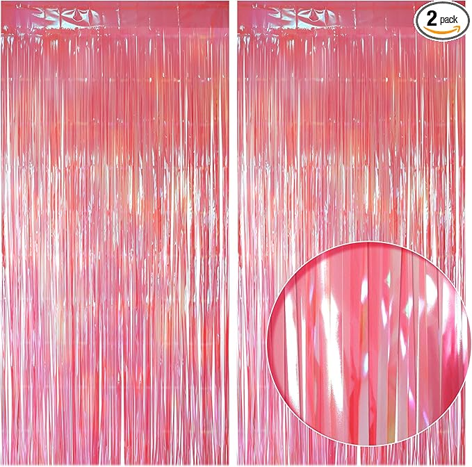 2 Pack Pink Iridescent Streamers Backdrop, 3.3x6.6ft Foil Fringe Curtains Holographic Door Tinsel Streamers for Birthday, Wedding, Holiday, Bachelorette, Baby Shower Theme Party Decorations