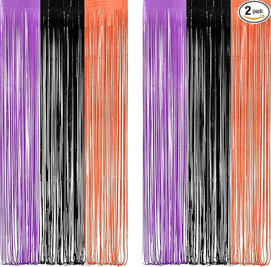 Black Purple Orange Party Streamers - GREATRIL Foil Fringe Backdrop for Hocu Birthdays Halloween Party Supplies - 3.2ft X 8.2ft - 2 Packs