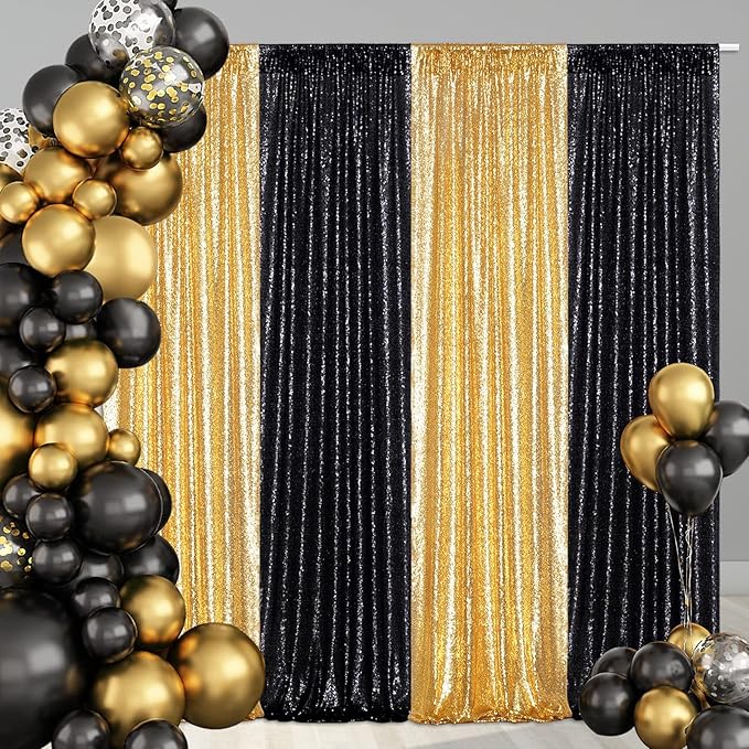 Poise3EHome Gold Sequin Backdrop Curtains,4 Panels 2FTx8FT Glitter Background for Party Birthday Party Baby Shower Wedding Christmas Thanksgiving Halloween Holiday Festival Decor