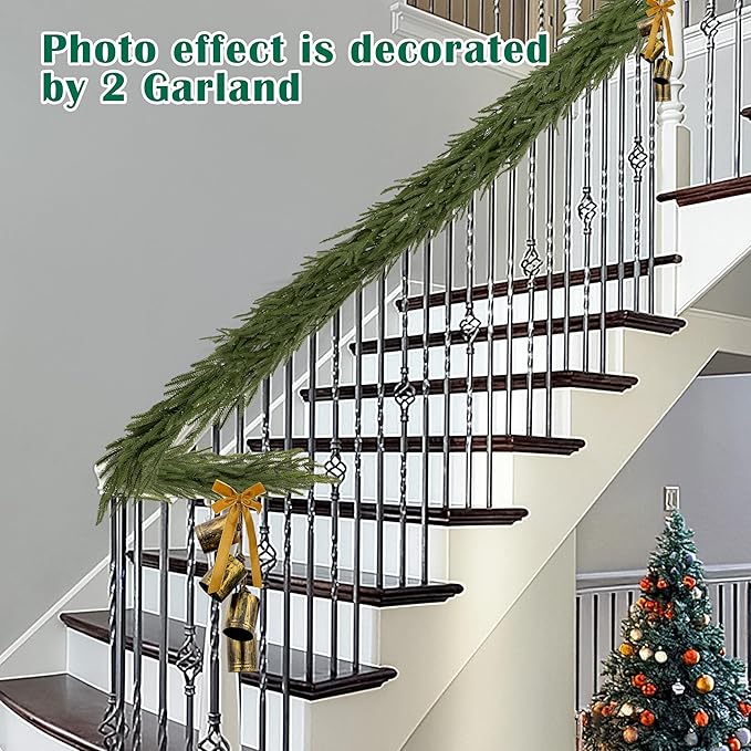 2 Pcs 6FT Christmas Garlands Norfolk Pine Garland - Real Touch Winter Pine Garland, Artificial Norfolk Tree for Indoor Outdoor Holiday Decor, Fireplace Mantel, Door, Porch (Yellow Bell)