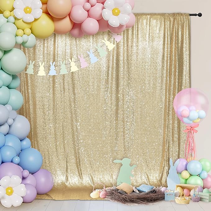 PartyDelight Sequin Backdrop Light Gold 6Ft x 8Ft Photograph Back Drop Wedding Curtain Special Events