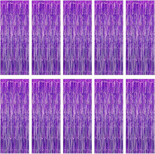 10 Pack Purple Foil Curtain Backdrop 3.2ft x 9.8ft Black Metallic Tinsel Foil Fringe Curtains Streamer Photo Booth Backdrop for Birthday Party Engagement Bachelorette Party Decorations (Purple)