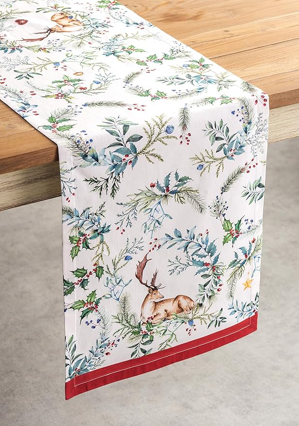 Maison d' Hermine Table Runner 100% Cotton Single Layer Table Runners 108 inches Long for Thanksgiving Christmas Decorations Home Kitchen Dining Party Wedding (Holly Time, 14.5" x 108")