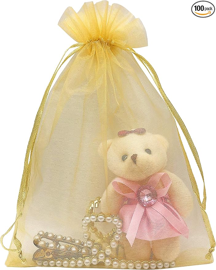 100pcs Gold Organza Gift Bags 6x9 Inch Mesh Drawstring Pouch Jewelry Bags for Wedding, Party, Birthday, Baby Shower