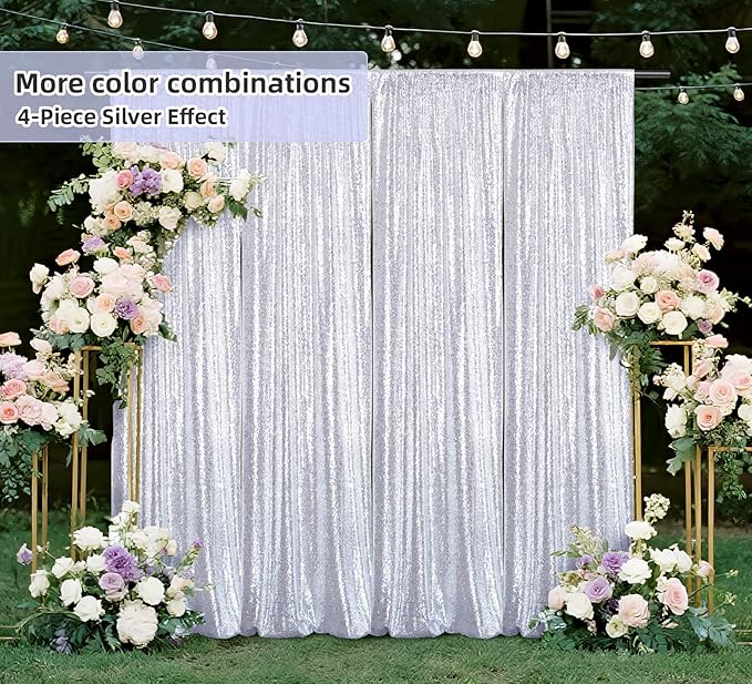 Silver Sequin Backdrop 2 Panels Christmas Party Backdrop Curtain,Glitter Photo Background for Wedding Baby Shower