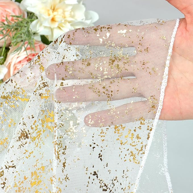 LOMOHOO 10 Ft Gold Table Runner, Golden Sheer Sequin Table Runners 120 Inches Long Glitter Metallic Foil Lace Fabric Table Decor for Birthday Party Wedding Anniversary Centerpiece (4pcs)