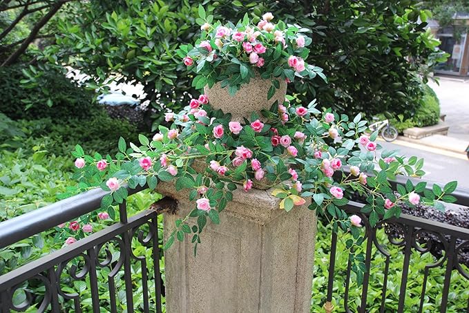 6FT Bendable Rose Vine with Butterflies, Wildflower Garland Hanging Floral Garland for Wall Decor Trellis Fence Home Room Decoration (Pink, 1pc)