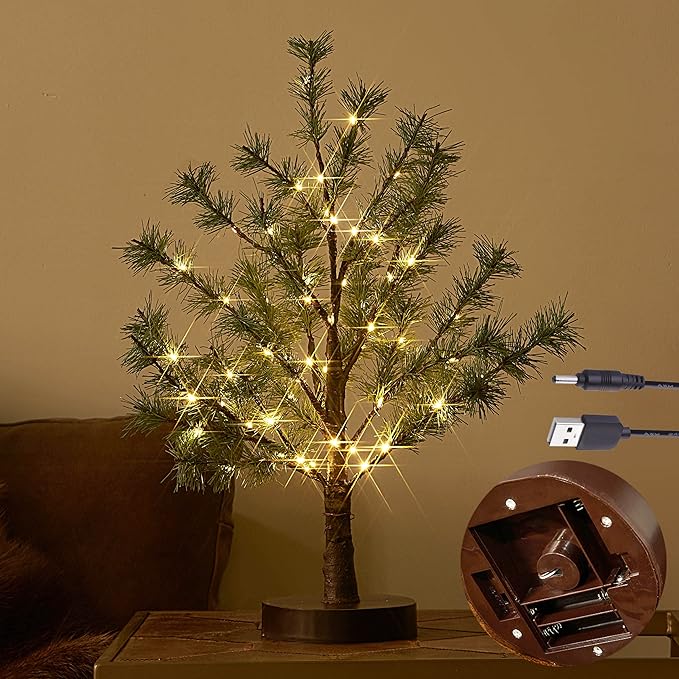 LITBLOOM Lighted Christmas Pine Tree 60 Fairy Lights Battery Operated or USB Plug in with Timer 18IN for Home and Holiday Decoration