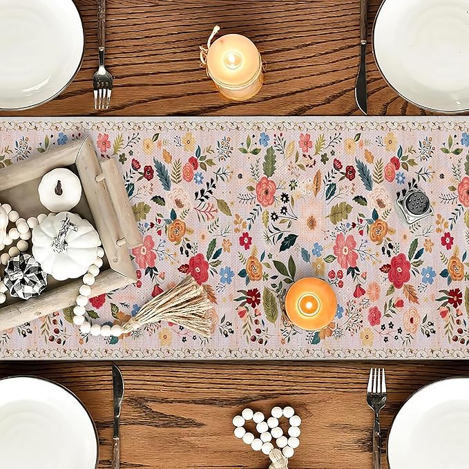 OYIMUA Boho Floral Summer Table Runner 13 x 36 Inches Colorful Flower Runners for Tables Rustic Spring Decorations for Home Indoor Outdoor Party Decor