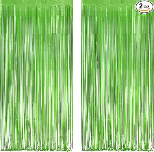 Lime Green Streamers Party Backdrop - GREATRIL Tinsel Curtain for St Patrick's Day/Frog/Wizard - 3.2ft X 8.2ft - 2 Packs