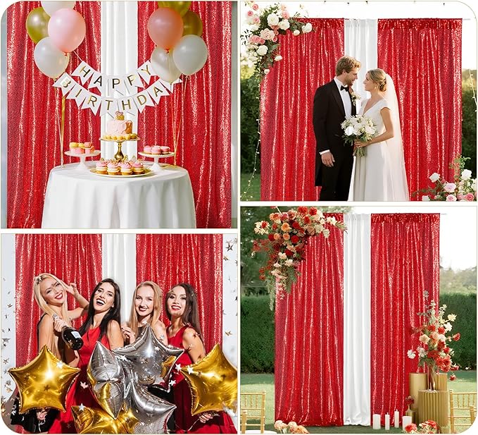Juya Delight Red Sequin Backdrop Curtains 2Pcs 2ftx8ft Glitter Photography Backdrop for Party Shimmer Back Drapes Birthday Valentine Decorations