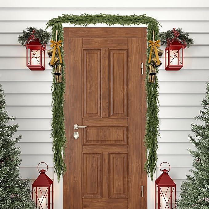 2 Pcs 6FT Christmas Garlands Norfolk Pine Garland - Real Touch Winter Pine Garland, Artificial Norfolk Tree for Indoor Outdoor Holiday Decor, Fireplace Mantel, Door, Porch (Yellow Bell)
