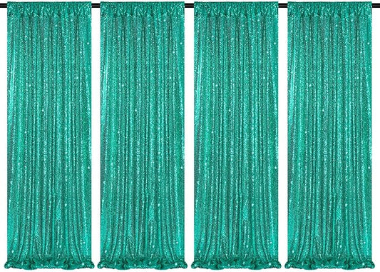 Backdrop Curtains for Mermaid Party Decor - 4 Panels 2FT x 8FT Lake Green Sequin Background Drapes for Wedding Bridal Birthday Party