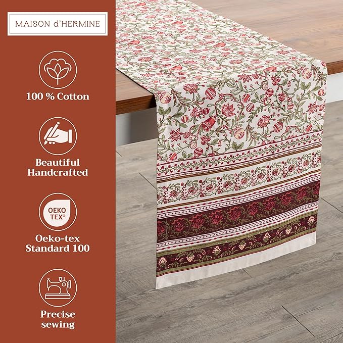 Maison d' Hermine Table Runner 100% Cotton Double Layer Table Runners 72 inches Long for Thanksgiving Christmas Decorations Home Kitchen Dining Party Wedding (Reveillon Au Jardin, 14.5" x 72")