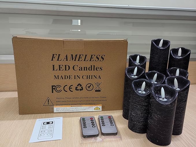 Hausware Set of 9 Flameless Candles Battery Operated LED Real Wax Flickering Electric Candles with Remote Control Timer for Wedding Birthday Halloween Christmas Decorations (Black Color)