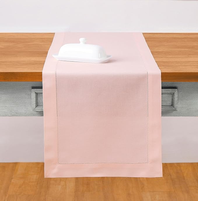 Solino Home Cotton Linen Pink Table Runner 120 Inches Long - Hemstitch 14 x 120 Inch Table Runner for Fall, Autumn, Thanksgiving, Christmas