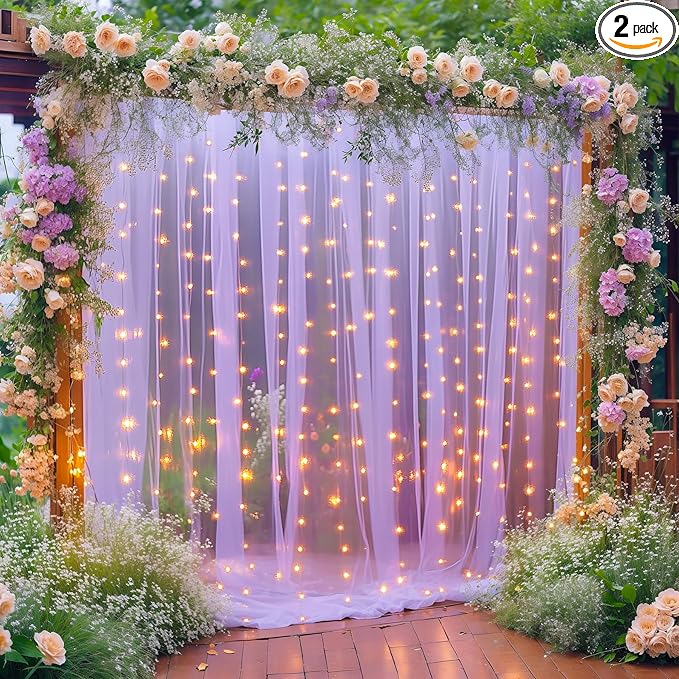 10×10ft Purple Tulle Backdrop Curtain with Lights String for Parties, Sheer Photo Curtain Backdrop Drapes for Wedding Party Photography Backgrounds