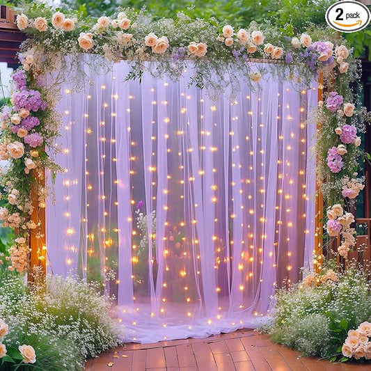 10×10ft Purple Tulle Backdrop Curtain with Lights String for Parties, Sheer Photo Curtain Backdrop Drapes for Wedding Party Photography Backgrounds