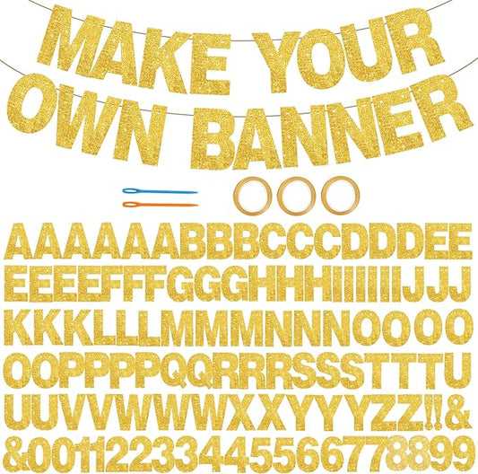 BEISHIDA 116 PCS A-Z Glitter Gold DIY Letter Banner Kit Make Your Own Banner，Including 111 Letters and Numbers 3 Rope and 2 Threading Device,Customized for Birthday Graduation Wedding Party Decor