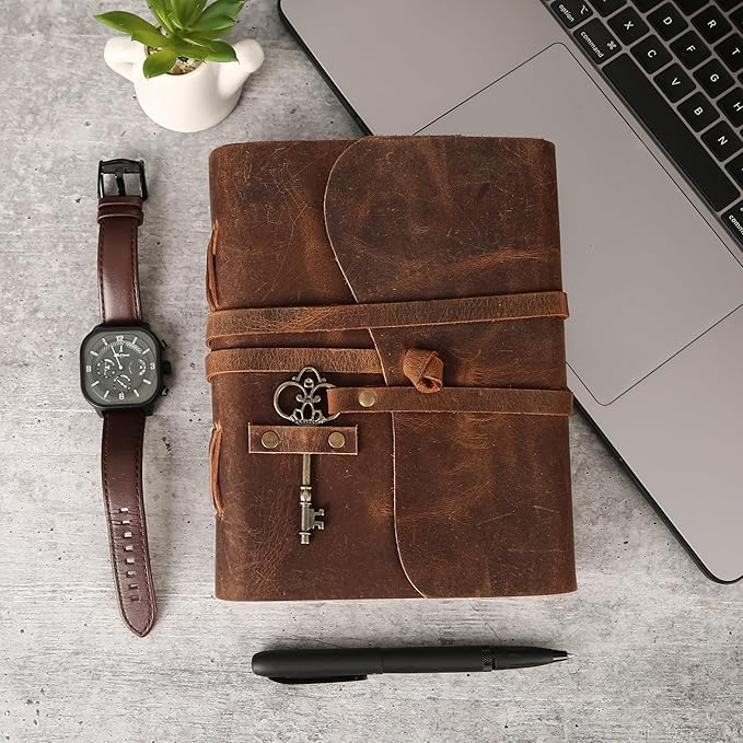 Leather Journal with Deckle Edge Paper 7x5 inch and Vintage Key | Handmade Writing Notebook Diary | Bound Daily Notepad for Men & Women Medium, Sketch/Writing pad for Artists (Brown)