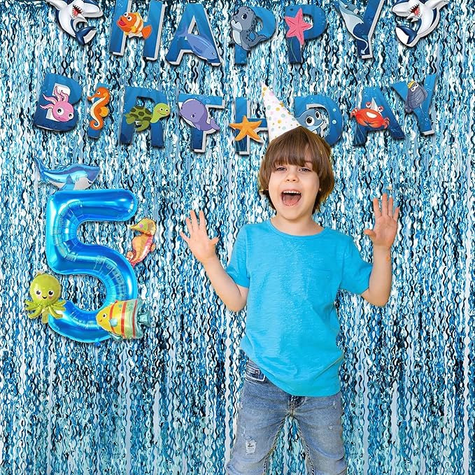 Wavy Blue Streamers Party Backdrop - GREATRIL Fringe Curtain for Pool Party/Birthdays/VBS/Beach/Under Sea - 3.2ft X 6.5ft - 2 Packs