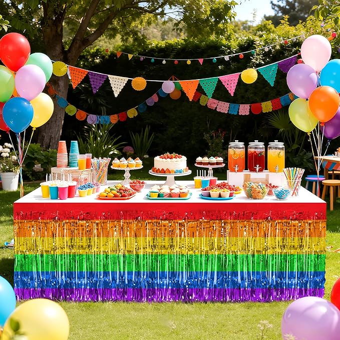 2 Pack Rainbow Table Skirts, 29x108" Metallic Foil Tinsel Fringe Table Skirts for Rectangle Tables Streamer Curtains Backdrop, Party Decorations for Birthdays Weddings Holidays