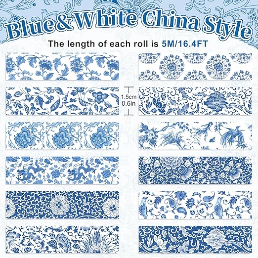Whaline 12 Rolls Blue Floral Washi Tape Chinoiserie Flower Washi Tape Vintage Masking Decorative Gift Wrapping Paper Tape for DIY Craft Scrapbook Envelope Party Favor Supplies